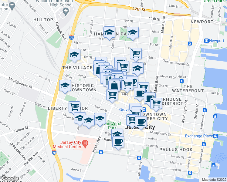 map of restaurants, bars, coffee shops, grocery stores, and more near 240 County Road 639 in Jersey City