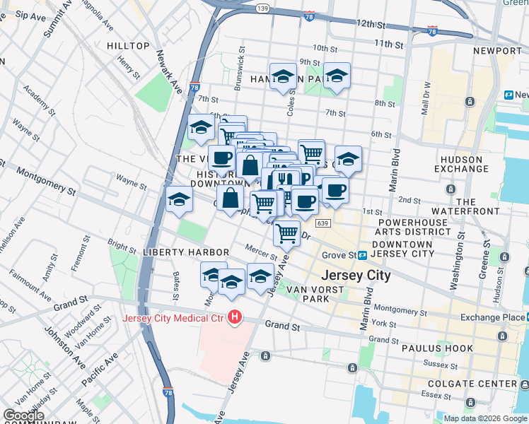 map of restaurants, bars, coffee shops, grocery stores, and more near 327 1st Street in Jersey City