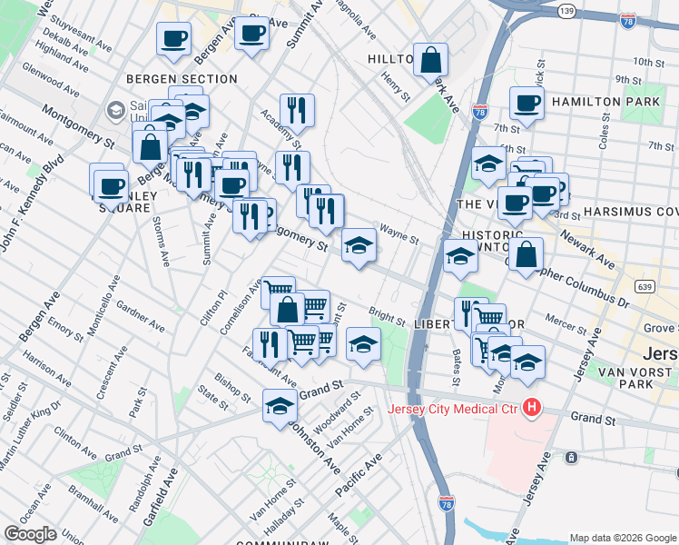 map of restaurants, bars, coffee shops, grocery stores, and more near 355 Mercer Loop in Jersey City