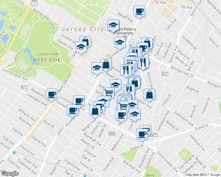 map of restaurants, bars, coffee shops, grocery stores, and more near 19 Kensington Avenue in Jersey City