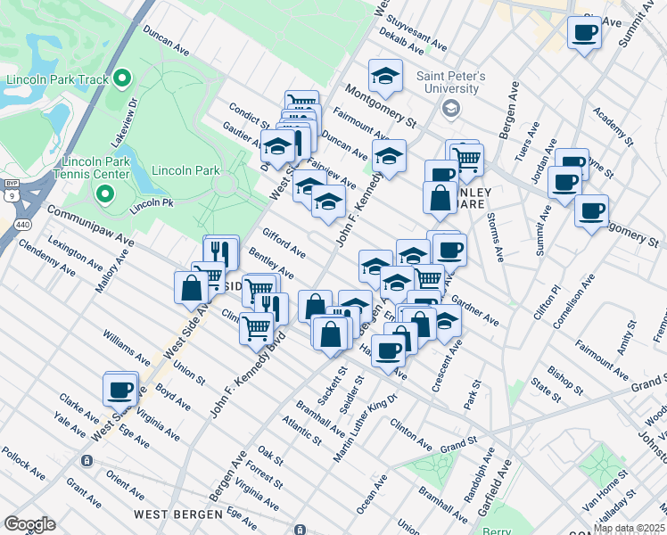 map of restaurants, bars, coffee shops, grocery stores, and more near 9500 Lincoln Park in Jersey City