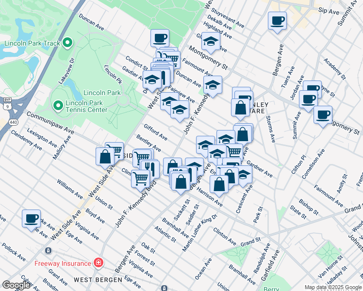 map of restaurants, bars, coffee shops, grocery stores, and more near 9500 Lincoln Park in Jersey City