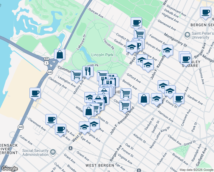 map of restaurants, bars, coffee shops, grocery stores, and more near 19 Delaware Avenue in Jersey City