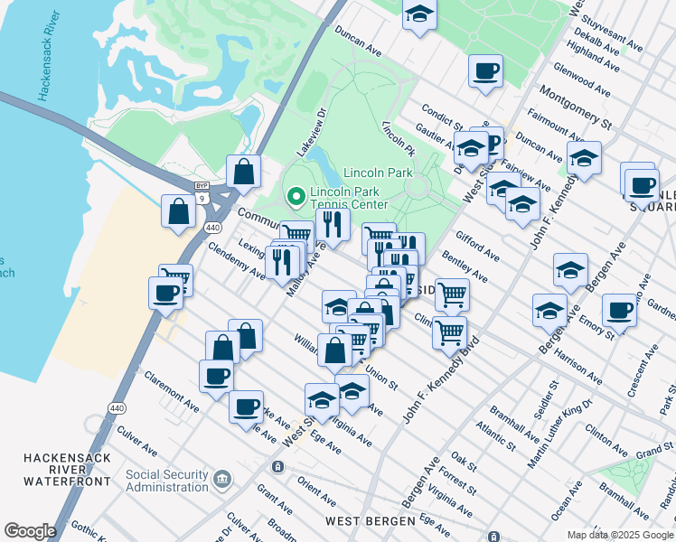 map of restaurants, bars, coffee shops, grocery stores, and more near 891 Communipaw Avenue in Jersey City