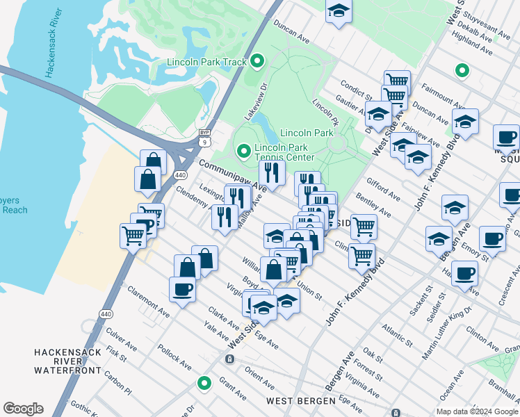 map of restaurants, bars, coffee shops, grocery stores, and more near 891 Communipaw Avenue in Jersey City