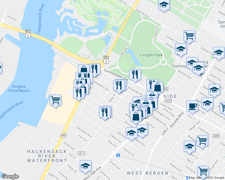 map of restaurants, bars, coffee shops, grocery stores, and more near 259 Lexington Avenue in Jersey City