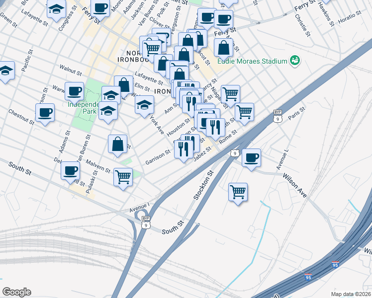 map of restaurants, bars, coffee shops, grocery stores, and more near 89 Garrison Street in Newark