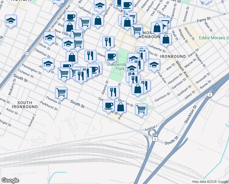 map of restaurants, bars, coffee shops, grocery stores, and more near 338-344 Chestnut Street in Newark