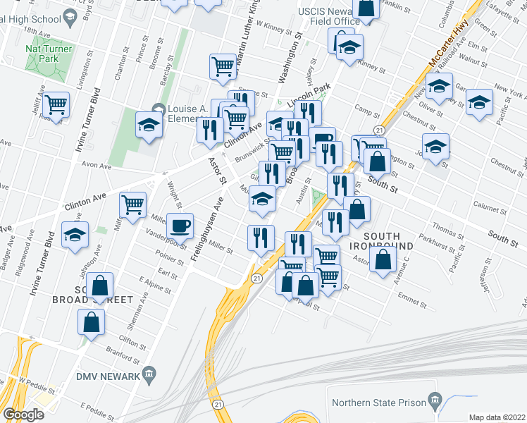 map of restaurants, bars, coffee shops, grocery stores, and more near 79 Murray Street in Newark