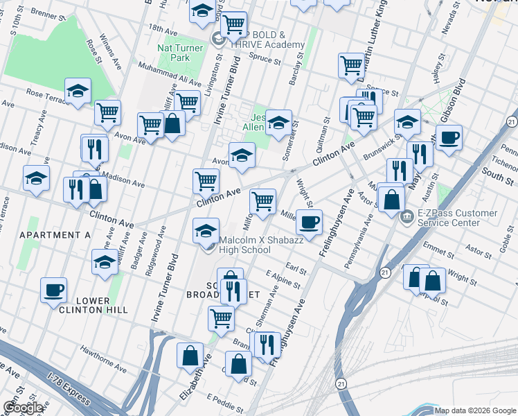 map of restaurants, bars, coffee shops, grocery stores, and more near 21 Milford Avenue in Newark