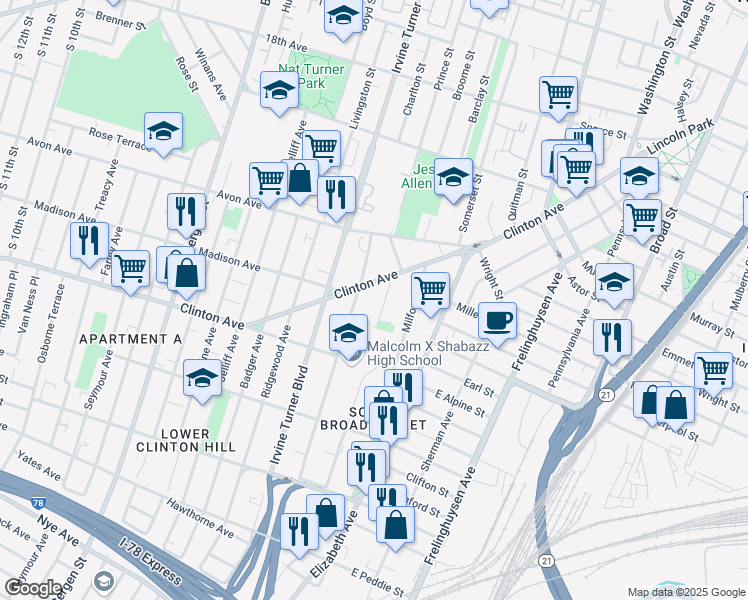 map of restaurants, bars, coffee shops, grocery stores, and more near 324 Clinton Avenue in Newark