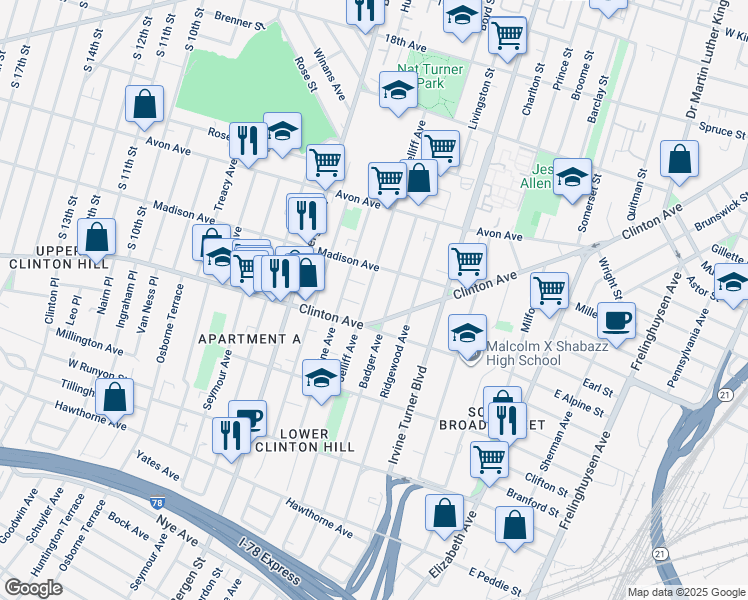 map of restaurants, bars, coffee shops, grocery stores, and more near 153 Badger Avenue in Newark