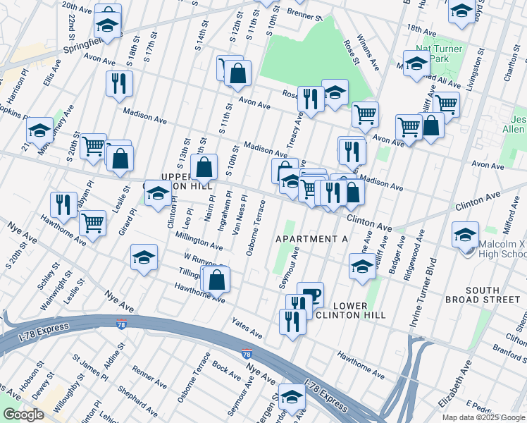 map of restaurants, bars, coffee shops, grocery stores, and more near 588-592 Clinton Avenue in Newark
