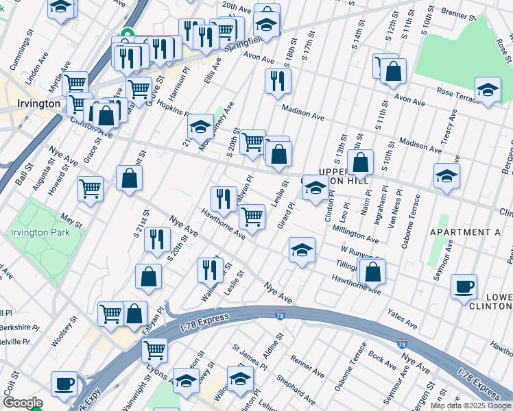 map of restaurants, bars, coffee shops, grocery stores, and more near 33 Beverly Street in Newark