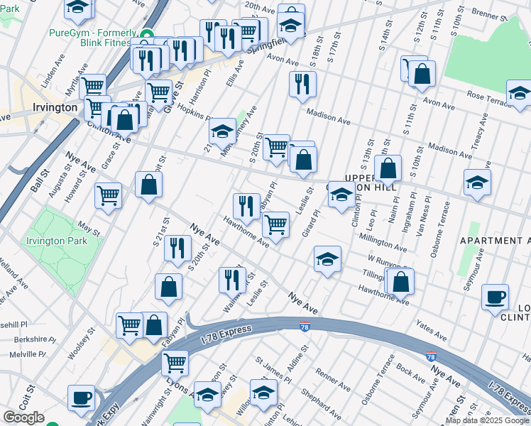 map of restaurants, bars, coffee shops, grocery stores, and more near 33 Beverly Street in Newark