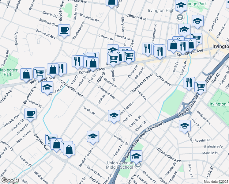 map of restaurants, bars, coffee shops, grocery stores, and more near 62 38th Street in Irvington