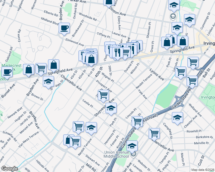 map of restaurants, bars, coffee shops, grocery stores, and more near 62 38th Street in Irvington