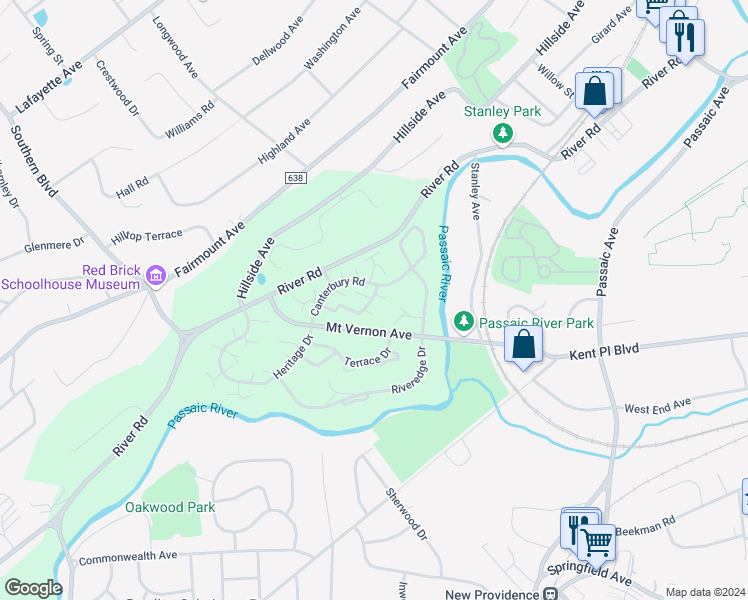 map of restaurants, bars, coffee shops, grocery stores, and more near 17J Canterbury Road in Chatham Township