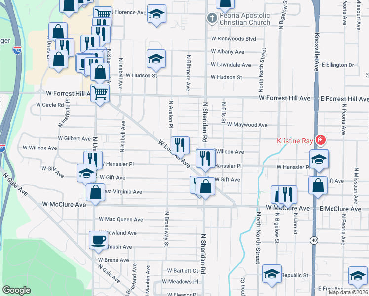 map of restaurants, bars, coffee shops, grocery stores, and more near 810 West Corrington Avenue in Peoria