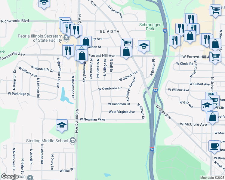 map of restaurants, bars, coffee shops, grocery stores, and more near 2109-2113 West Overbrook Drive in Peoria