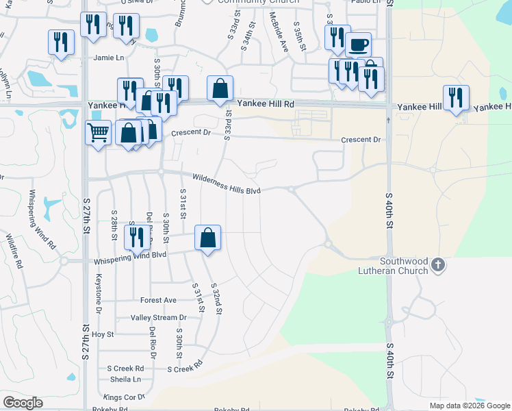 map of restaurants, bars, coffee shops, grocery stores, and more near 3001 Wilderness Hill Boulevard in Lincoln