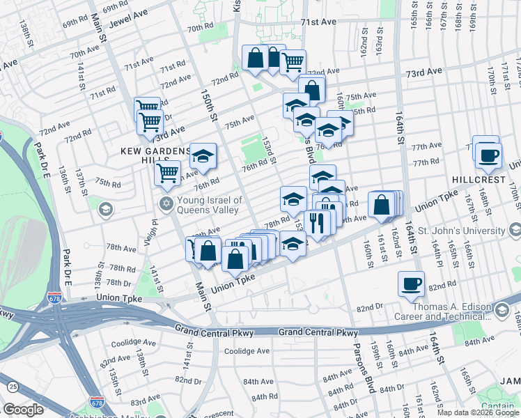map of restaurants, bars, coffee shops, grocery stores, and more near 150-24 77th Road in Queens