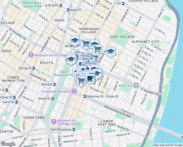 map of restaurants, bars, coffee shops, grocery stores, and more near 188 Ludlow Street in New York