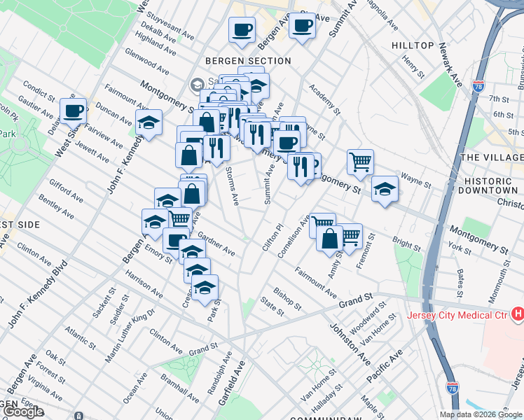 map of restaurants, bars, coffee shops, grocery stores, and more near in Jersey City
