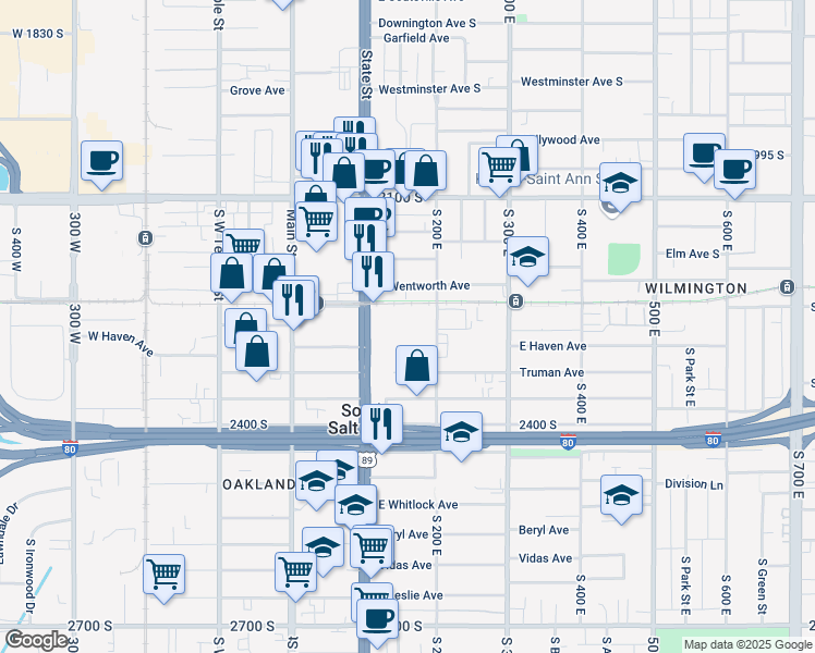 map of restaurants, bars, coffee shops, grocery stores, and more near 2265 State Street in Salt Lake City