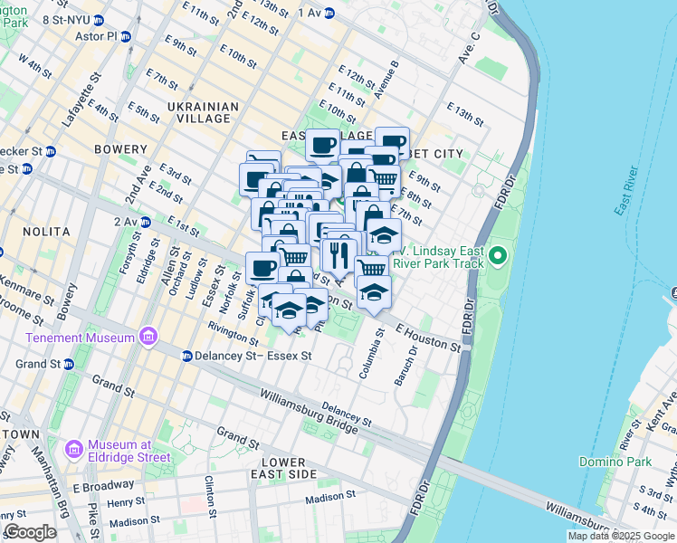 map of restaurants, bars, coffee shops, grocery stores, and more near 242 East 3rd Street in New York