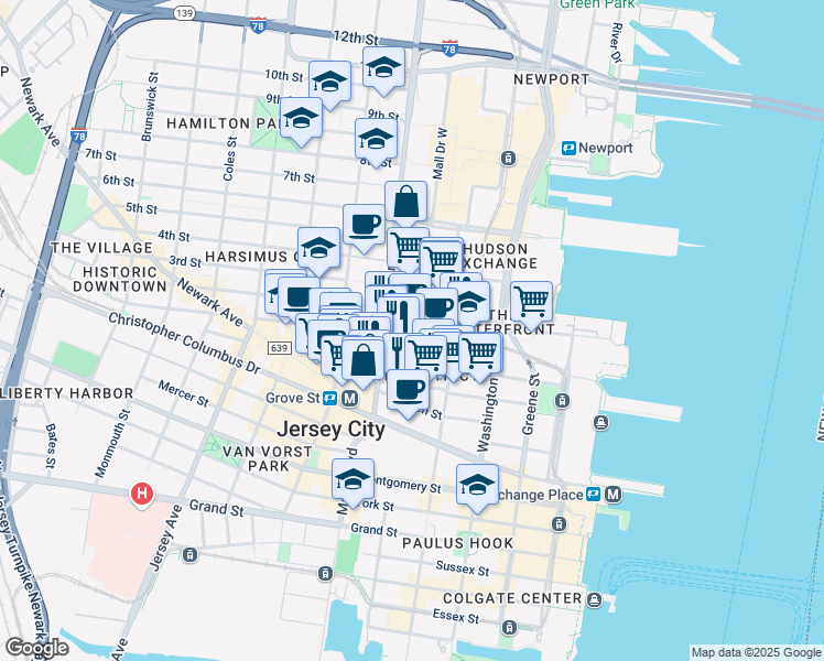map of restaurants, bars, coffee shops, grocery stores, and more near 159 2nd Street in Jersey City