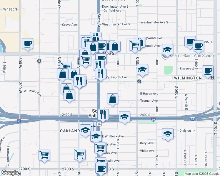 map of restaurants, bars, coffee shops, grocery stores, and more near 460 East 400 South in Salt Lake City