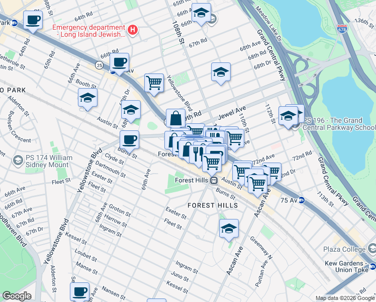 map of restaurants, bars, coffee shops, grocery stores, and more near 106-28 Queens Boulevard in Queens