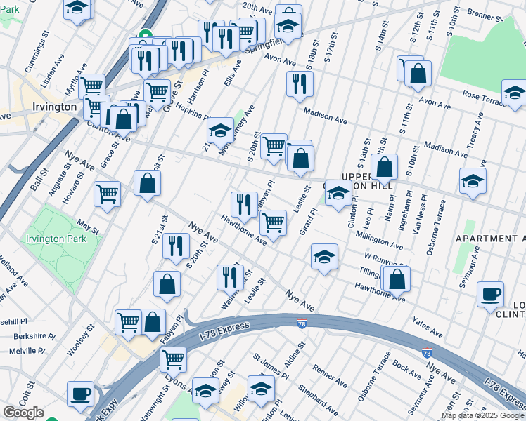 map of restaurants, bars, coffee shops, grocery stores, and more near 33 Beverly Street in Newark