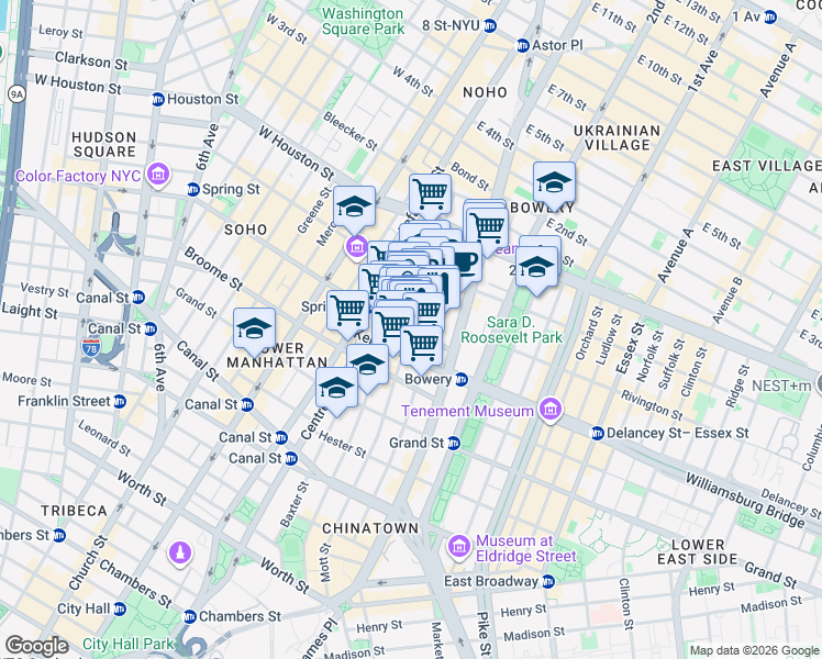 map of restaurants, bars, coffee shops, grocery stores, and more near Spring St & Mott St in New York