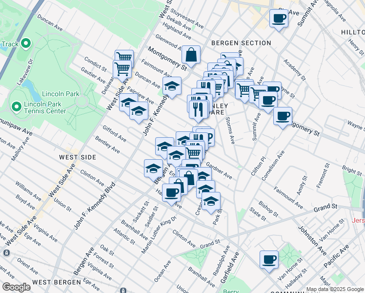 map of restaurants, bars, coffee shops, grocery stores, and more near 628 Bergen Avenue in Jersey City