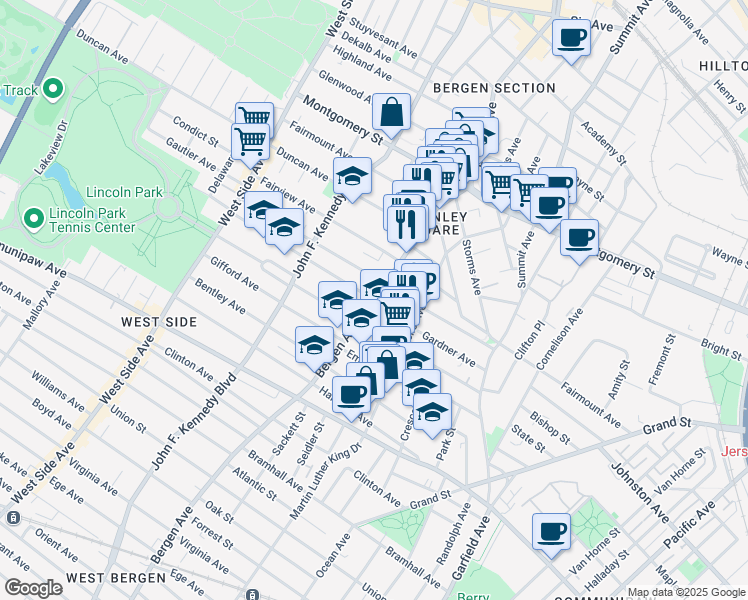 map of restaurants, bars, coffee shops, grocery stores, and more near Bergen Ave & Kensington Ave in Jersey City