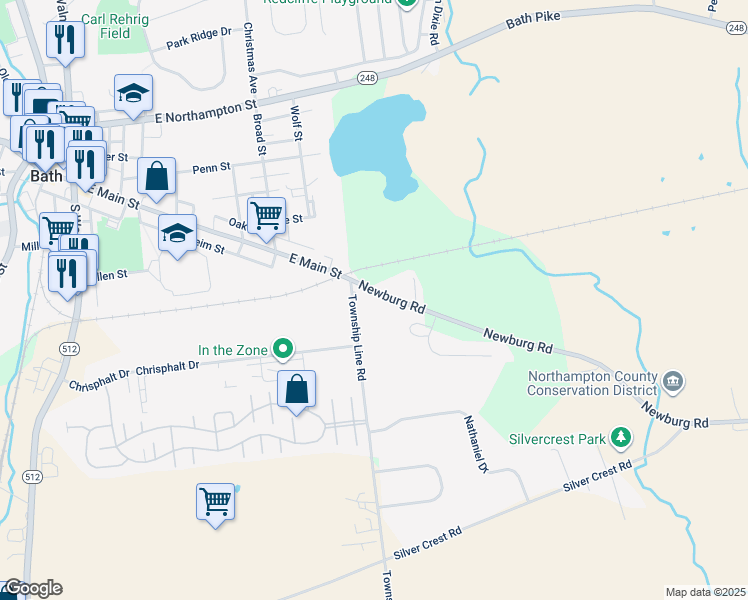 map of restaurants, bars, coffee shops, grocery stores, and more near 3331 Newburg Road in Nazareth