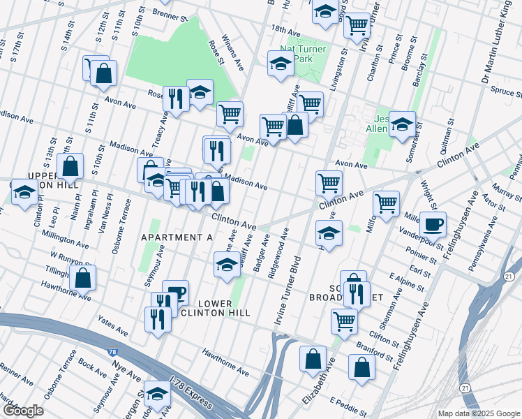 map of restaurants, bars, coffee shops, grocery stores, and more near 220 Jelliff Avenue in Newark
