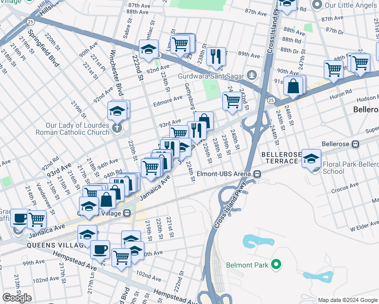 map of restaurants, bars, coffee shops, grocery stores, and more near 224-05 Jamaica Avenue in Queens