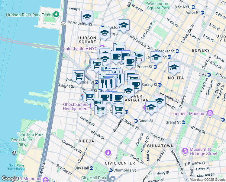 map of restaurants, bars, coffee shops, grocery stores, and more near 323 West Broadway in New York