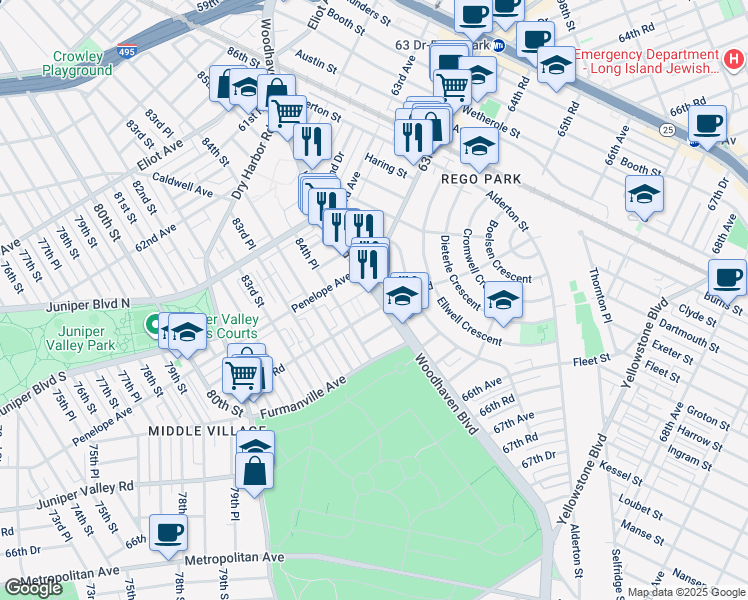 map of restaurants, bars, coffee shops, grocery stores, and more near 63-88 Woodhaven Boulevard in Queens