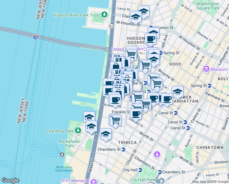 map of restaurants, bars, coffee shops, grocery stores, and more near in New York