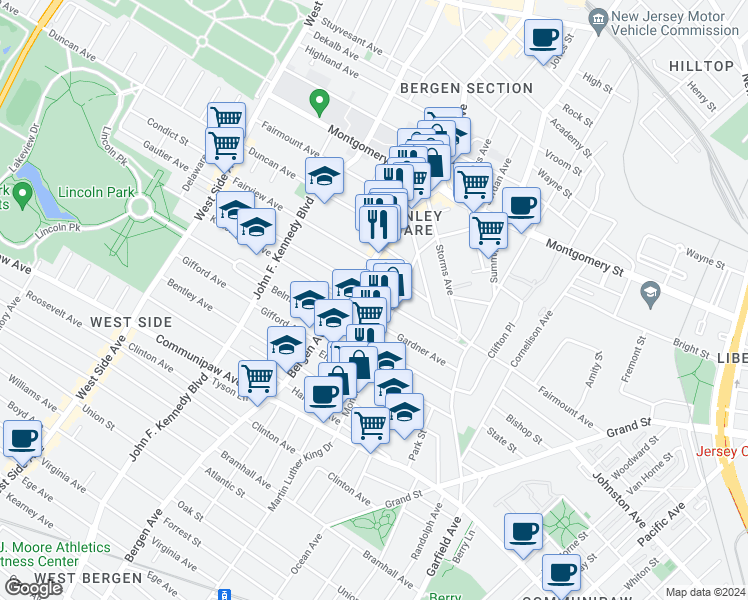 map of restaurants, bars, coffee shops, grocery stores, and more near 93 Jewett Avenue in Jersey City