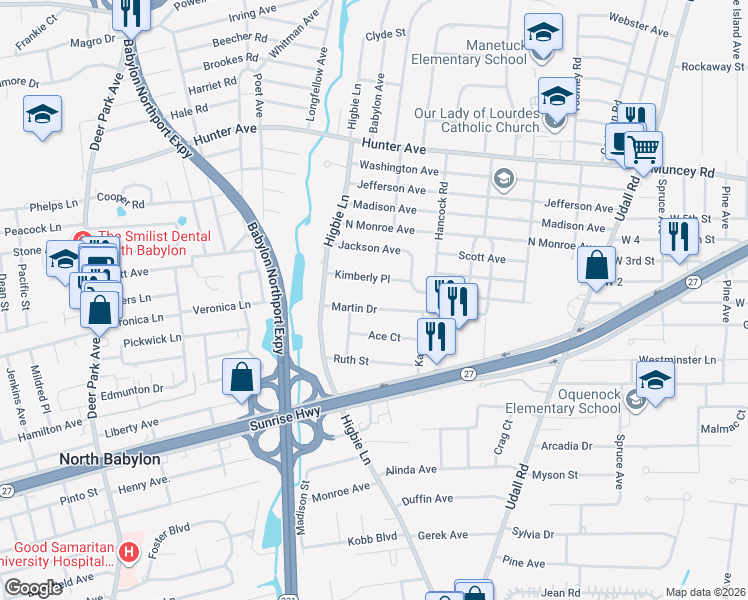 map of restaurants, bars, coffee shops, grocery stores, and more near 316 Kimberly Place in West Islip