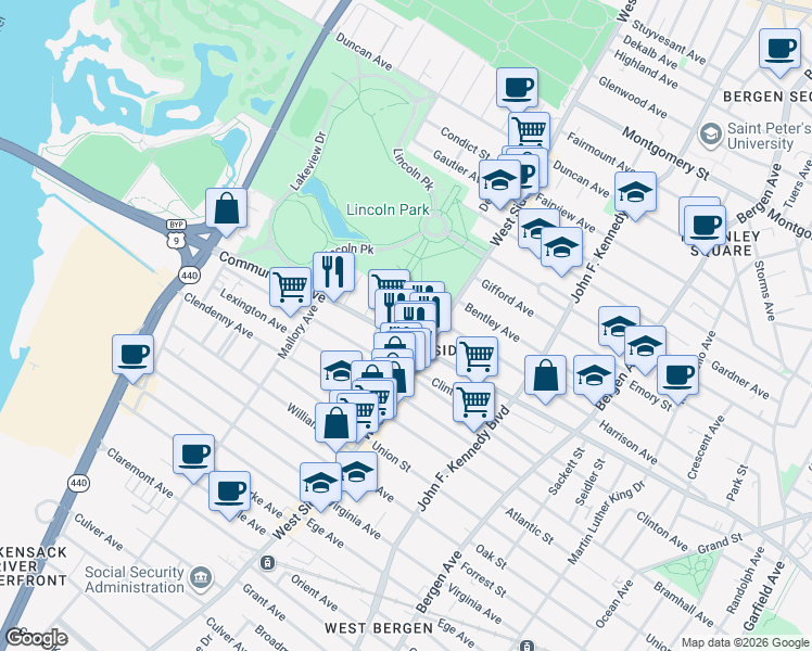 map of restaurants, bars, coffee shops, grocery stores, and more near 19 Delaware Avenue in Jersey City