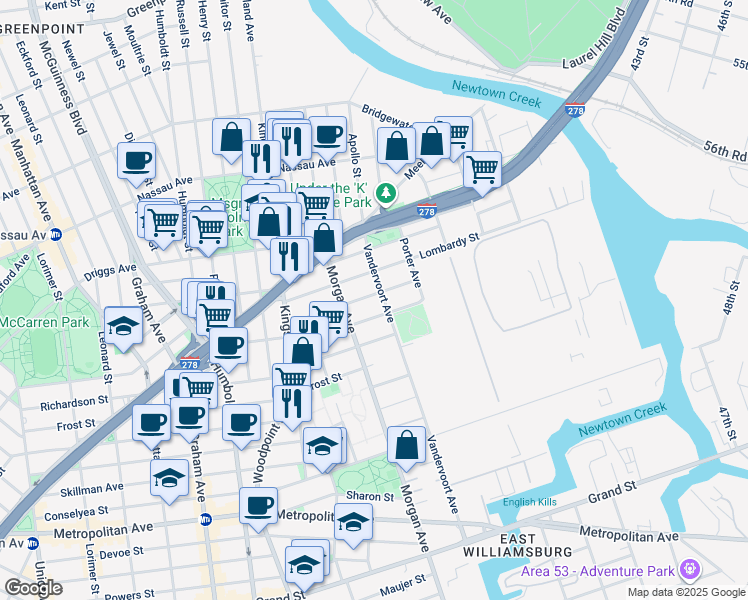map of restaurants, bars, coffee shops, grocery stores, and more near 108 Beadel Street in Brooklyn