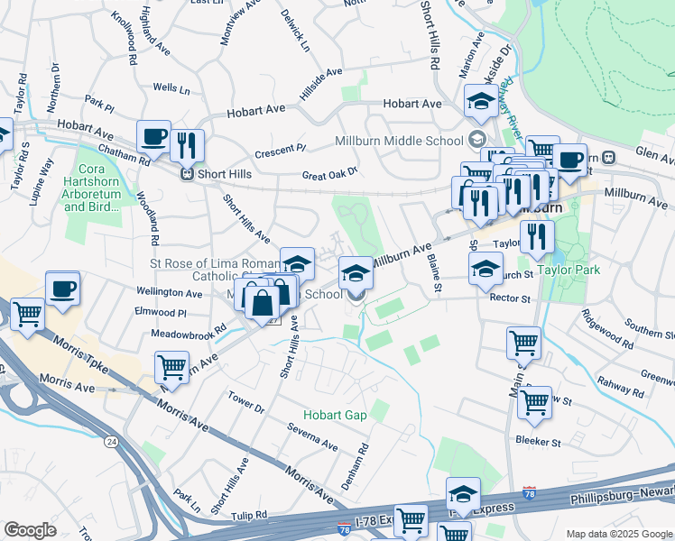 map of restaurants, bars, coffee shops, grocery stores, and more near 469 Millburn Avenue in Essex County