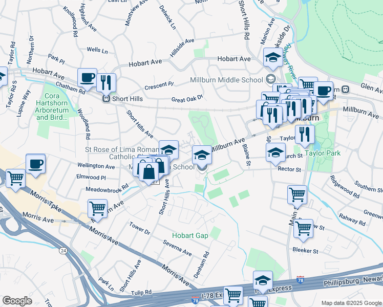 map of restaurants, bars, coffee shops, grocery stores, and more near 463 Millburn Avenue in Essex County