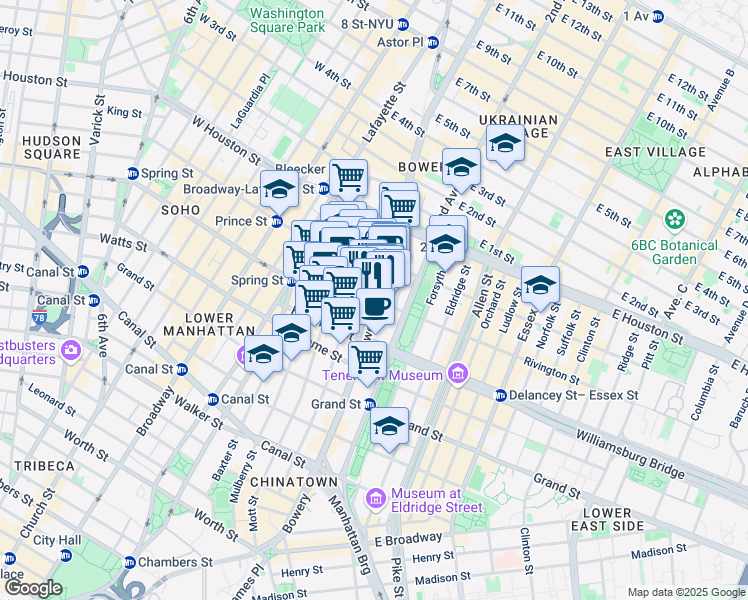 map of restaurants, bars, coffee shops, grocery stores, and more near Bowery & Rivington St in New York